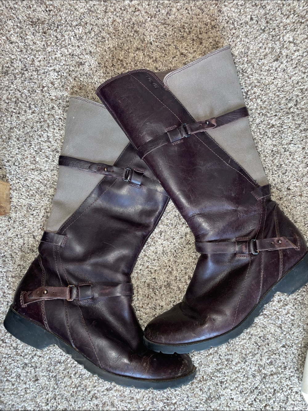 Teva Women’s Dark Brown Leather & Tan Canvas Tall Riding Boots sz 8.5